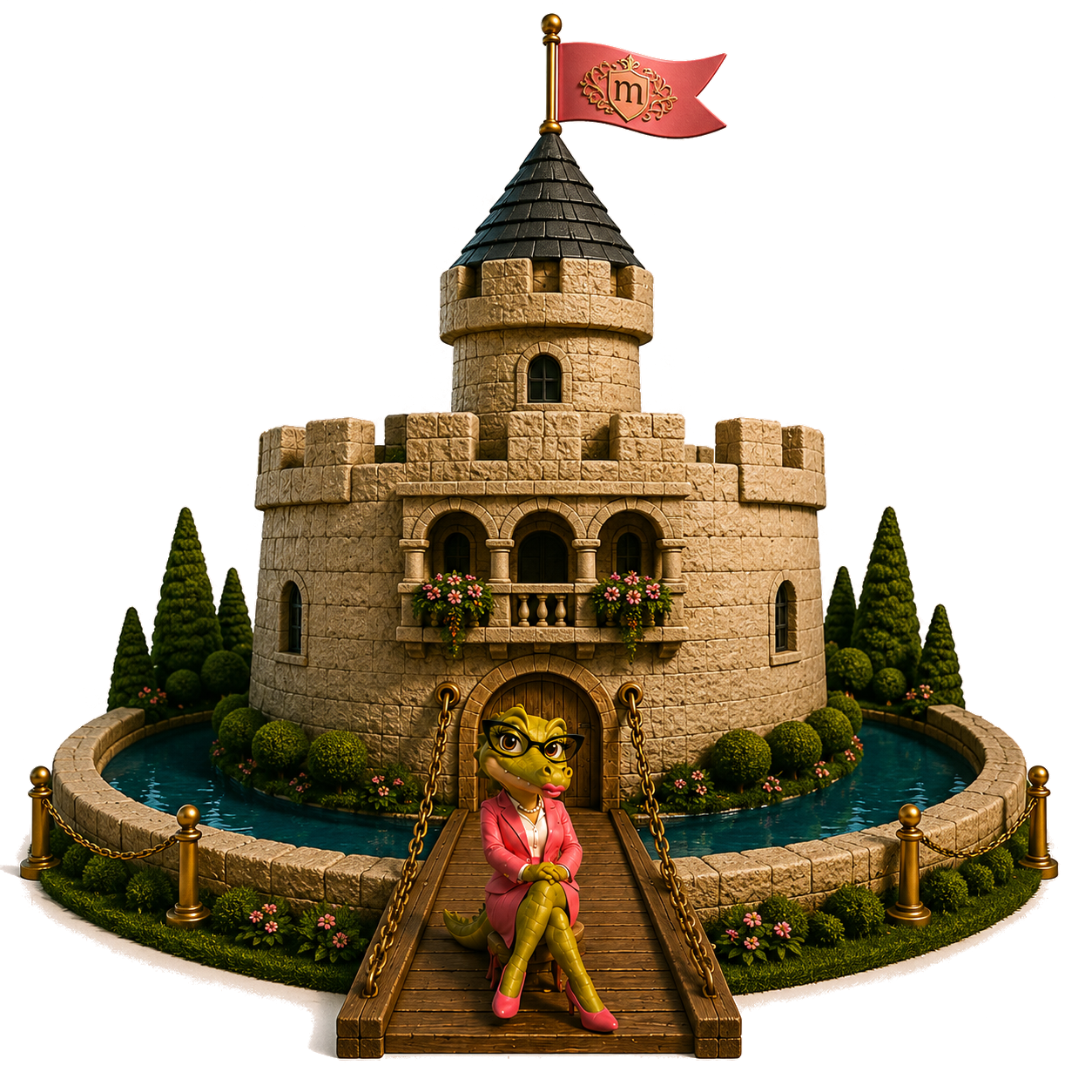 moatly, a friendly castle mascot with a moat around her