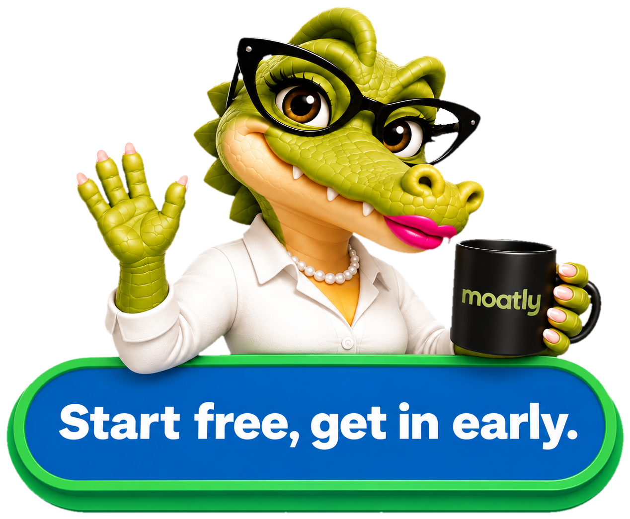 moatly the alligator waving next to a Start free, get in early button