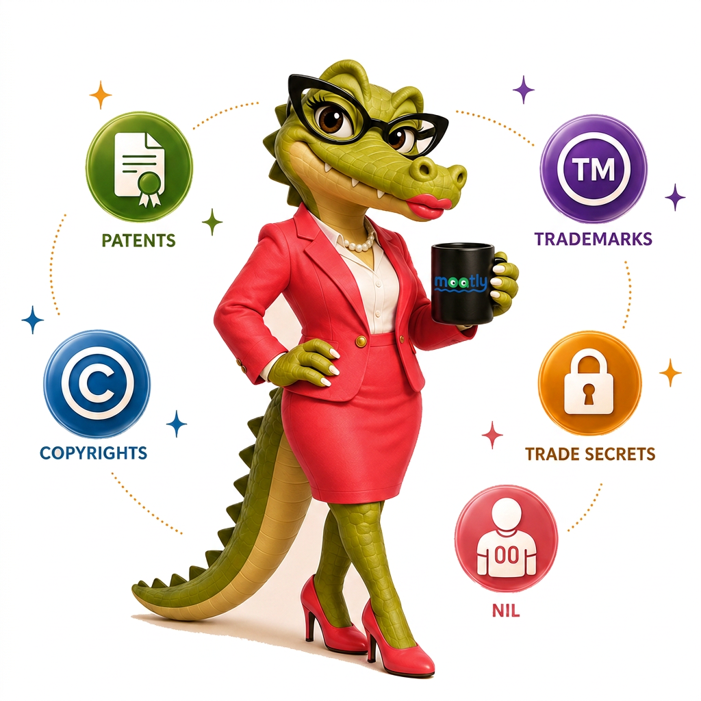 moatly the alligator advisor in a coral suit, surrounded by icons for patents, trademarks, copyrights, trade secrets, and NIL