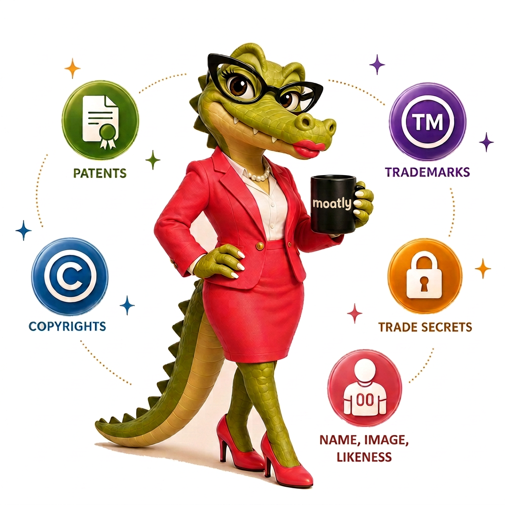 moatly the alligator advisor in a coral suit, surrounded by icons for patents, trademarks, copyrights, trade secrets, and Name, Image, Likeness